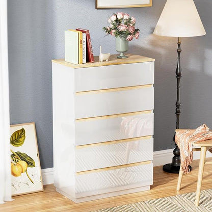 VINGLI 5 Drawer Dresser for Bedroom, 45" H Tall Dresser Chest of Drawers, High Gloss Wood Modern Storage Cabinet with Brown Top