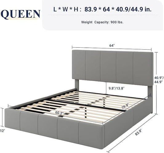 Allewie Queen Size Dutch Velvet Upholstered Platform Bed Frame/Vertical Channel Tufted Adjustable Headboard/Low Profile Bed Frame/No Box Spring Needed/Easy Assembly/Grey