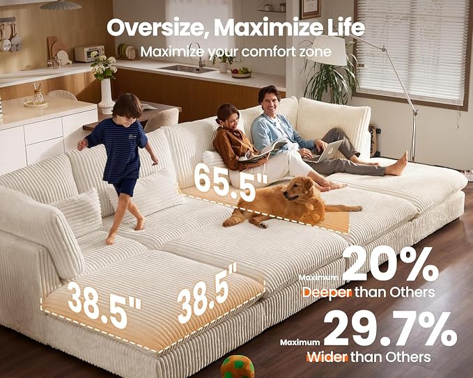 115" Oversized Corduroy Couch Modular Sectional Sofa, Washable Cloud Couch Sectional with Ottoman, 6 Seater Sectional Couches for Living Room, Fully Cover Removable, V Shaped & Corner, Corduroy, White
