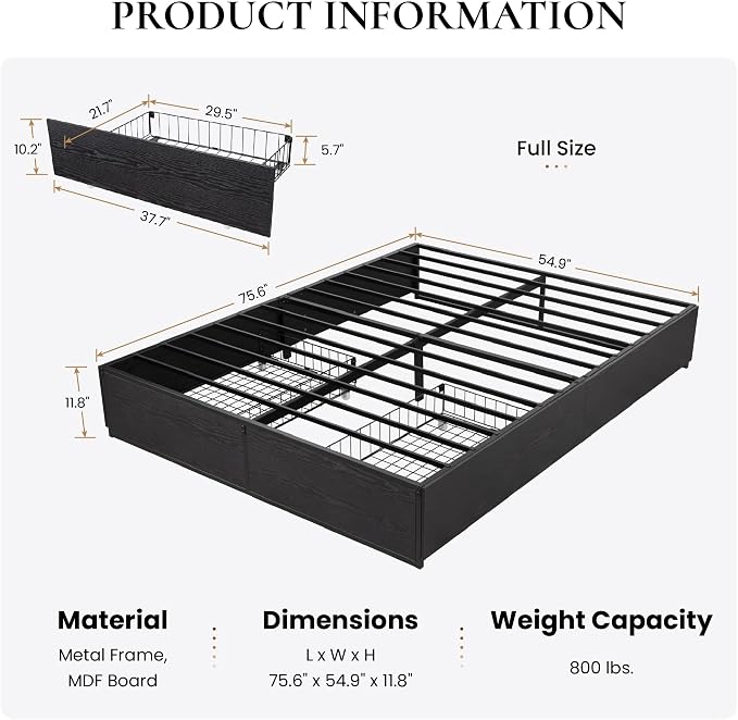 SHA CERLIN Full Platform Bed Frame with 2 Large Storage Drawers - Heavy Duty Metal & Rustic Wood, Noise-Free, No Box Spring Needed, Black