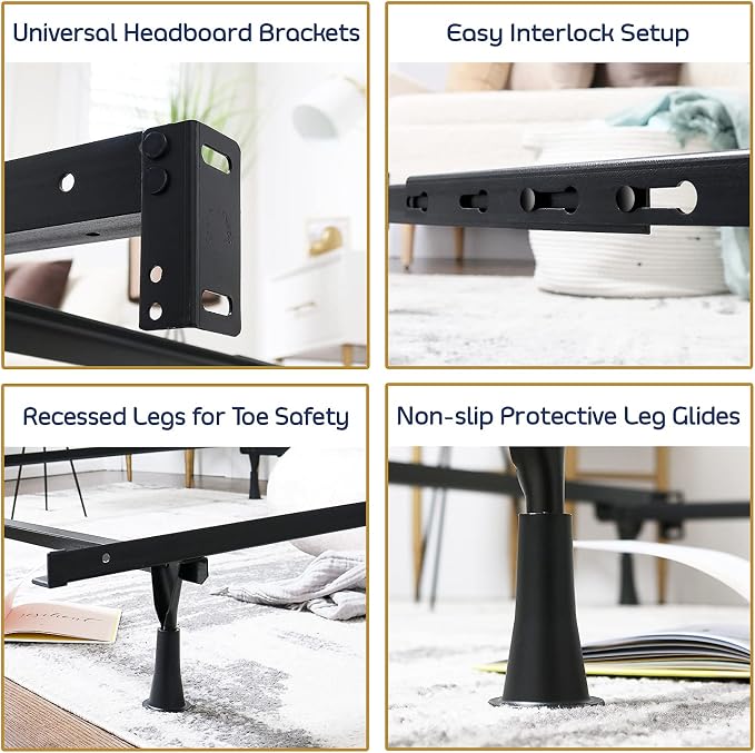 Clara Clark Adjustable Bed Base - Heavy Duty Steel Bed Frame, Metal Twin Bed Frame Expands to Full Bed Rails, Full/Queen Bed Frame - 5.25” H Bed Frame Only, Universal Headboard Brackets, Black