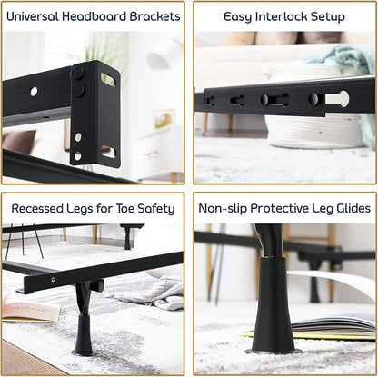Clara Clark Adjustable Bed Base - Heavy Duty Steel Bed Frame, Metal Twin Bed Frame Expands to Full Bed Rails, Full/Queen Bed Frame - 5.25” H Bed Frame Only, Universal Headboard Brackets, Black