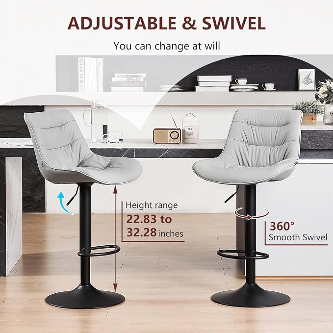 Kidol & Shellder Adjustable Bar Stools Set of 2, Faux Leather Counter Height BarStools with Back, Modern Mid Century Upholstered Bar stools for Kitchen Island Gray