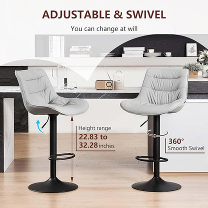 Kidol & Shellder Adjustable Bar Stools Set of 2, Faux Leather Counter Height BarStools with Back, Modern Mid Century Upholstered Bar stools for Kitchen Island Gray
