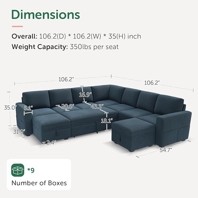 HONBAY Modular Sectional Sleeper Sofa with Pull Out Couch, Corduroy Oversized Sectional Couches Pull Out Bed with U Shaped Sleeper Storage for Living Room - Blue