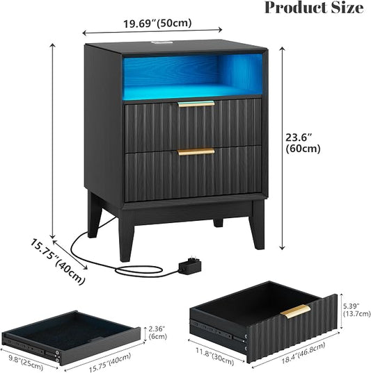 LVSOMT 20'W Fluted Nightstand Set of 2, Night Stand with Charging Station and LED Lights, RFID Lock Hidden Drawer, Mid Century Modern Bedside Table for Bedroom, 2 Drawers and Open Storage Cubby, Black