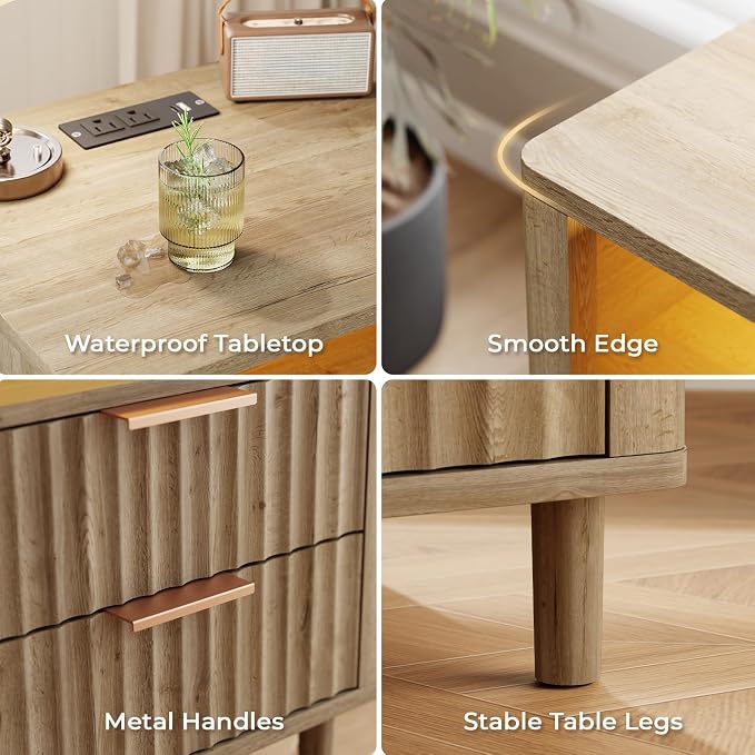 Fluted Nightstand Set of 2, Multifunctional 3 Drawers Storage Bedside Table with Charging Station, Wood Modern Nightstand, Curved Profile Design, End Table for Indoor Room Bedroom, Oak