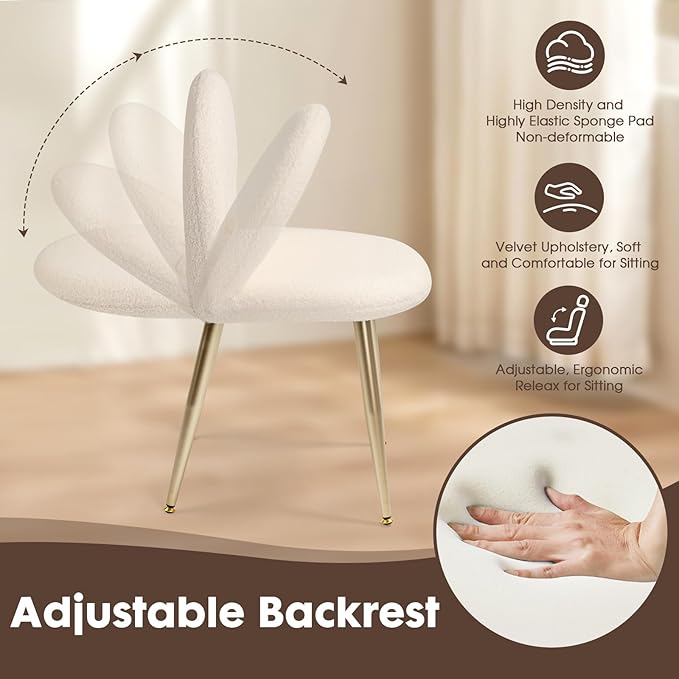 Vanity Chair with Adjustable Backrest Boucle Upholstery Amless Makeup Stool, White Sherpa Vanity Stool with Gold Metal Legs forBedroom Living Room Kitchen Dinning Room (Off White)