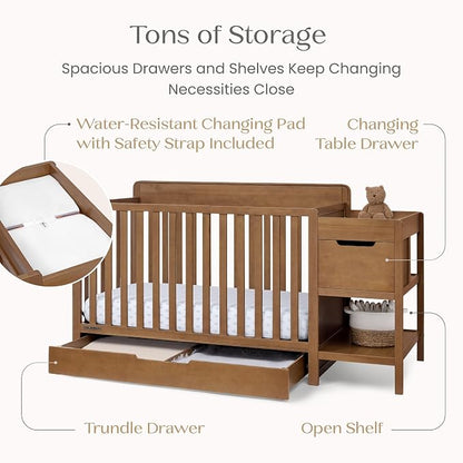 Delta Children Maya 5-in-1 Convertible Crib and Changer with Storage, Converts to Toddler Bed, Daybed, Sofa & Full Bed, Greenguard Gold Certified, 3 Mattress Heights for Baby, Chestnut