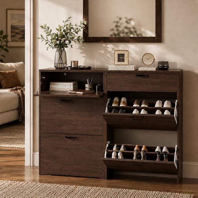 VINGLI Set of 2 Walnut Shoe Cabinet for Entryway, 2-Pack Ultra Slim Shoe Organizer with 2 Flip & 1 Drop-Down Drawers, 24.8" W Narrow Shoe Cabinet, Modern Walnut Wood Shoes Rack for Hallway