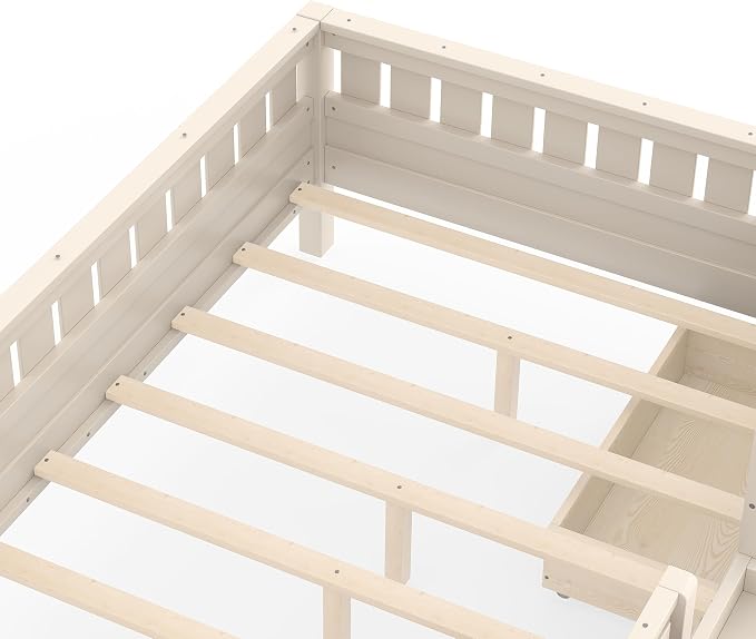 Bellemave Full Floor Bed with Stairs, Rails and Slats, Full Size Montessori Floor Bed with Bookshelf and 2 Storage Drawers, Easy Assemble Montessori Beds Frame for Girls, Boys, Light Beige