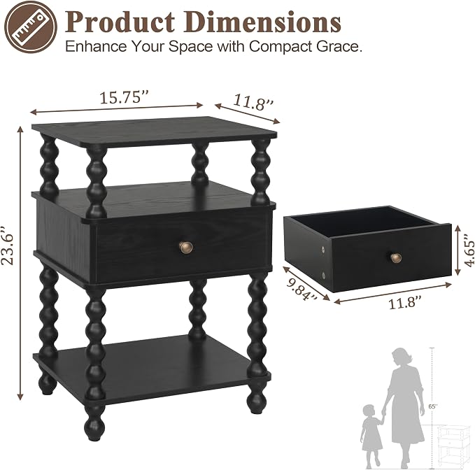 AWASEN Black Nightstand, Bed Side Table Bedroom with Drawer, 3-Tier Small Night Stand End Table with Storage for Small Spaces &Solid Wood Spindle Legs, Black