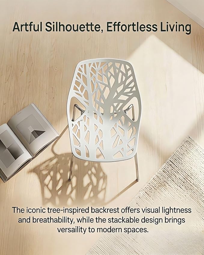 Karl home Stackable Dining Chairs Set of 4, 3-Step Assembly, 350LBS, White | Bird's nest trunk pattern, robust metal frame, 350lbs capacity, plastic construction, for kitchen/dining/bedroom/living room