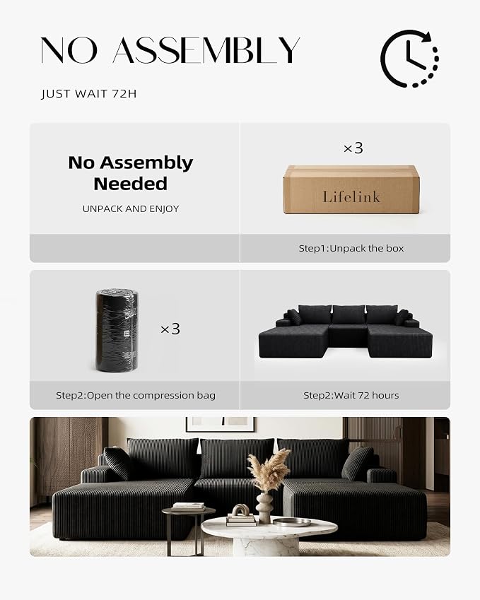 Lifelink 108" Boneless Couch U-Shaped - Modular Sectional Couches for Living Room Cloud Sofa with Deep Seat High Back Removable Ottoman No Assembly Required