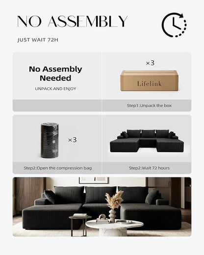 Lifelink 108" Boneless Couch U-Shaped - Modular Sectional Couches for Living Room Cloud Sofa with Deep Seat High Back Removable Ottoman No Assembly Required