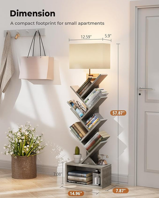 Evermagin 6 Tier Tree Bookshelf with Light, Narrow Bookcase Tower, Tall Floor Standing Book Shelf Organizer with Storage Cabinet for Living Room, Bedroom and Home Office, Gray