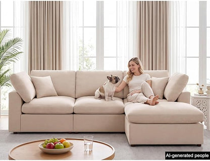 Modular Cloud Sectional Couches for Living Room, Oversized Modular Sectional Sofa with Ottoman, L Shaped 3 Seater Couch with Pillow, Light Camel