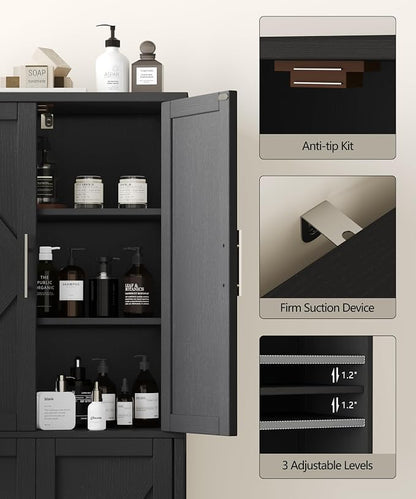 Akxomel Tall Bathroom Storage Cabinet, 11 x 22.8 x 63 Inches, Floor Cabinet with Barn Doors, Adjustable Shelf, Linen Pantry Cabinet for Kitchen, Laundry Room, Living Room, Entryway, Black