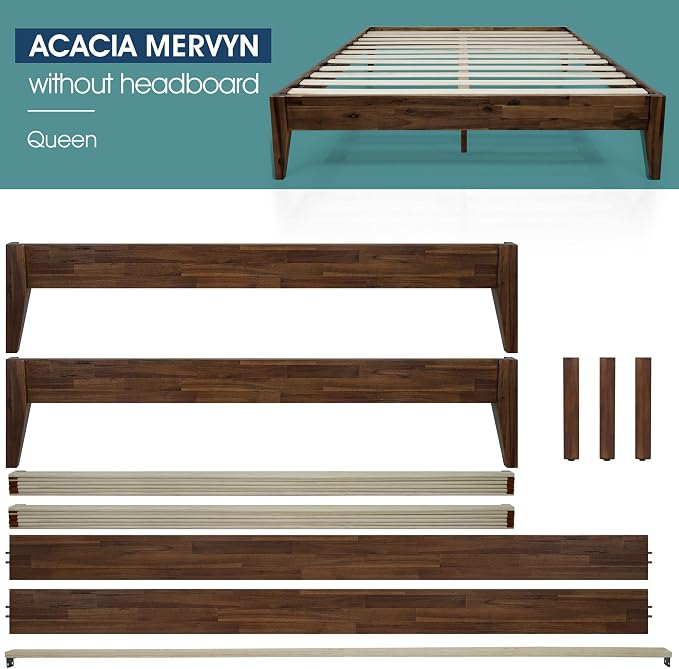 Acacia Mervyn Queen Bed Frame Solid Wood Platform Bed, 800 lbs Capacity Signature Mid Century Wood Bed Compatible with All Mattress Types, 30 Mins Assembly, Bed Frame Queen Size, Chocolate