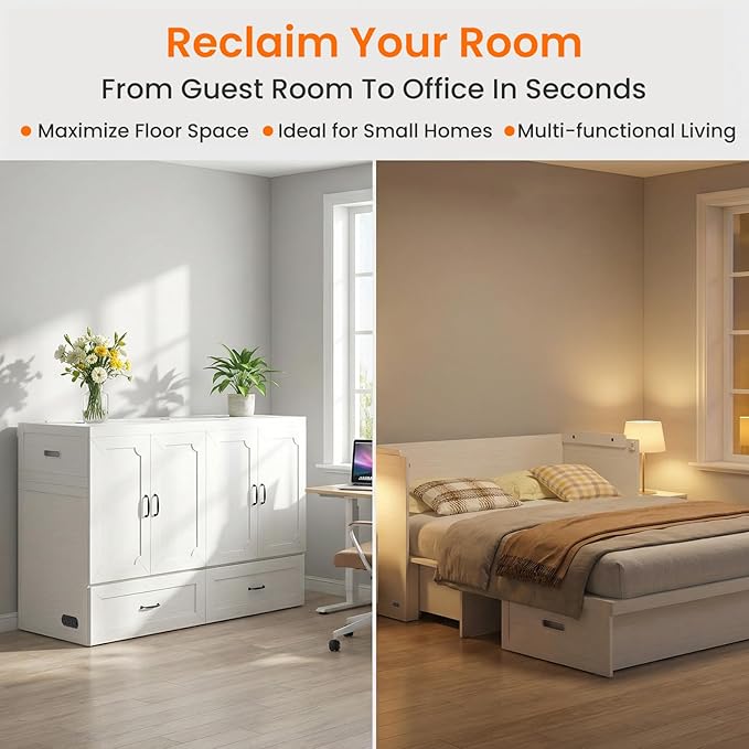 CECER Queen Murphy Bed with Mattress for Small Space/Guest-White | Large Storage Drawer ＆ Built-in Multi-Port Charging Station，Space Saving ＆ Easy Assemble and Conversion