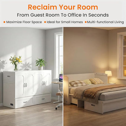 CECER Queen Murphy Bed with Mattress for Small Space/Guest-White | Large Storage Drawer ＆ Built-in Multi-Port Charging Station，Space Saving ＆ Easy Assemble and Conversion