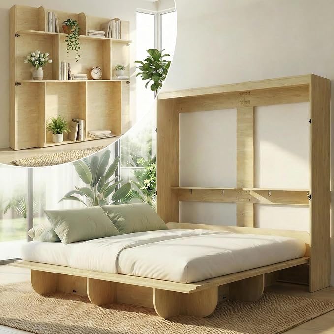 CECER Horizontal Murphy Bed Queen，Save Space for Offices/Guest-Natural Wood | Multi-Functional Queen Murphy Cabinet Beds with Storage Shelf/Bookshelf，Sturdy frame ＆ Easy Assemble