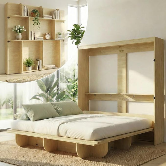 CECER Horizontal Murphy Bed Queen，Save Space for Offices/Guest-Natural Wood | Multi-Functional Queen Murphy Cabinet Beds with Storage Shelf/Bookshelf，Sturdy frame ＆ Easy Assemble