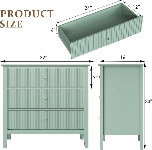 RoyalCraft 32" Large Nightstand, Fluted Painted Wood Bedside Table with 3 Spacious Drawers, Modern End Table for Bedroom, Living Room, Light Green