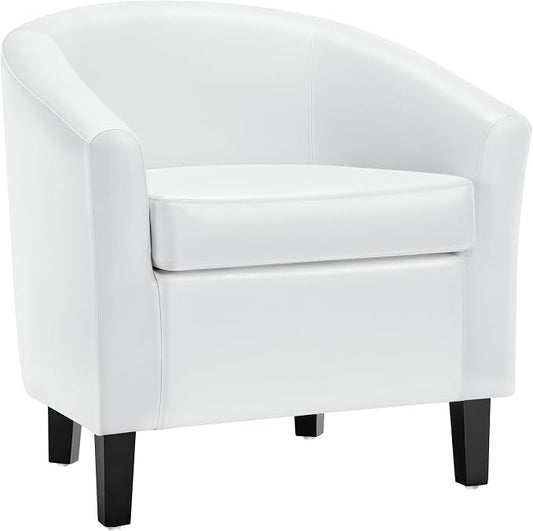 Topeakmart Faux Leather Club Chair, Modern Accent Chair and Cozy Barrel Chair with Sturdy Wood Legs for Living Room Bedroom Reception Room, White