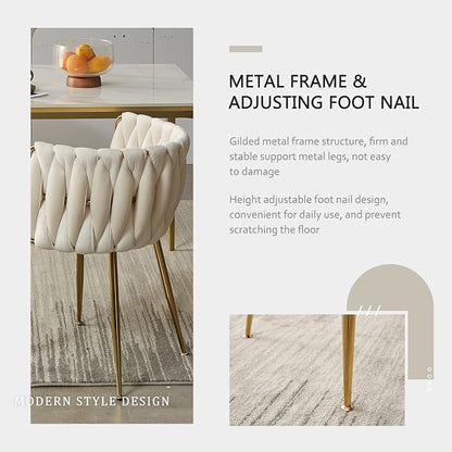 Velvet Dining Chairs Set of 6, Modern Upholstered Dining Room Chairs with Golden Metal Legs and Woven Backrest for Dining Room, Kitchen, Vanity, Living Room (Beige)