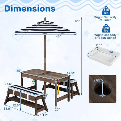 Costzon 4-in-1 Kids Picnic Table with Umbrella, Sand & Water Sensory Bins | Wooden Toddler Outdoor Table with Benches, Cushions, Cover, Gardening Tools, Kids Outdoor Furniture for Patio Backyard