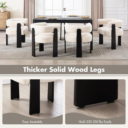 Hyfirm Modern Boho Dining Chairs Set of 2, White Boucle Upholstered Barrel Armchairs with Plush Teddy Fabric, Solid Black Wooden Legs, Mid-Century Accent Chairs for Dining Room, Living Room, Kitchen