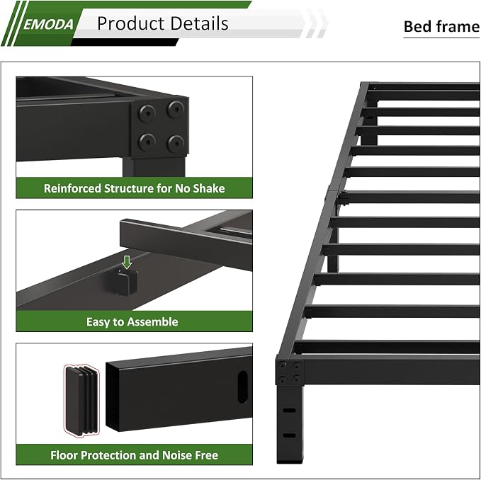 EMODA 10 Inch King Bed Frame No Box Spring Needed, Heavy Duty Metal Platform with Steel Slats, Noise Free, Easy Assembly, Black