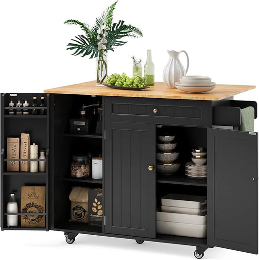Ahomly Kitchen Island with Storage, Island Table for Kitchen with Drop Leaf, 5 Wheels, a Drawer, Spicy Rack and Towel Bar, Black