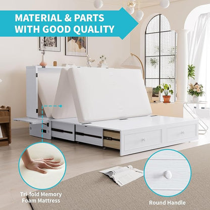 CECER White Murphy Bed Cabinet with Mattress, Space-Saving Folding Bed