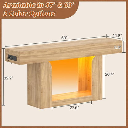 Homieasy Console Table, 63" Entryway Table with LED Lights & Charging Station, Farmhouse Wooden Sofa Table Behind Couch, Narrow Hallway Table for Living Room, Foyer, Entry, Natural Oak