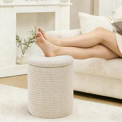 Wimarsbon Pouf Ottoman, 100% Cotton Knitted Boho Footstool, Round Footrest with Non-Skid Wood Legs, Home Décor Handmade Pouffe, Leisure Floor Step Stool for Living Room (14inch White Storage Ottoman)