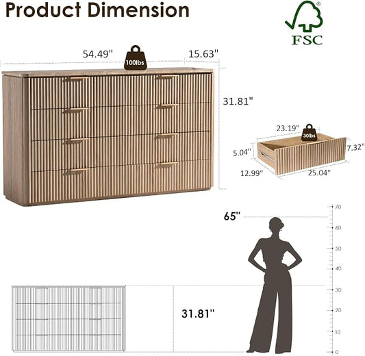 Dresser for Bedroom with 8 Drawers, 54"W Chest of Drawers, Fluted Dresser with Faux Marble Top, Curved Profile Design, Metal Handle, Wood Closet Storage Organizer for Living Room, Hallway, Natural Oak