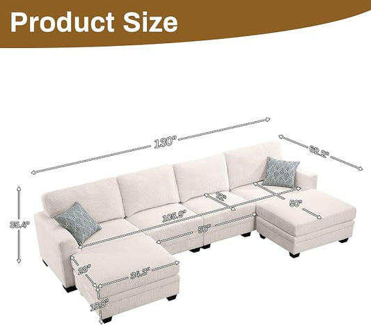 Legend Vansen Oversized Modular Sectional Sofa,6 Seat U Shaped Couch with Ottoman,Corduroy Sofa with Deep Seat,Convertible Large Sectional Couches for Living Room(Cream, U-6)
