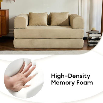 ZEIINPA 59“ Convertible Floor Sofa Bed, 5-in-1 Futon Sofa Bed Pull Out Sleeper Couch, Modern Corduroy Compressed Loveseat, Modular Boneless Couches for Living Room, No Assembly Required, Beige
