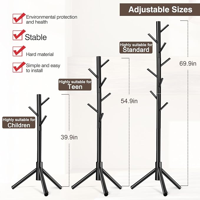 WANGMUXIA 2 PCS Coat Rack, Freestanding Coat Rack with 8 Hooks and 3 Adjustable Size Tree Coat Racks for Bedroom, Hallway, Entrance, Office, for Hats, Coats, Scarves, Handbags