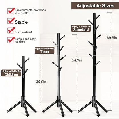 WANGMUXIA Coat Rack, Freestanding Coat Rack with 8 Hooks and 3 Adjustable Size Tree Coat Racks for Bedroom, Hallway, Entrance, Office, for Hats, Coats, Scarves, Handbags