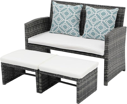 OC Orange-Casual Patio Furniture Set,3 Pieces Outdoor Wicker Conversation Loveseat with Ottomans for Porch, Gray Rattan White Cushions