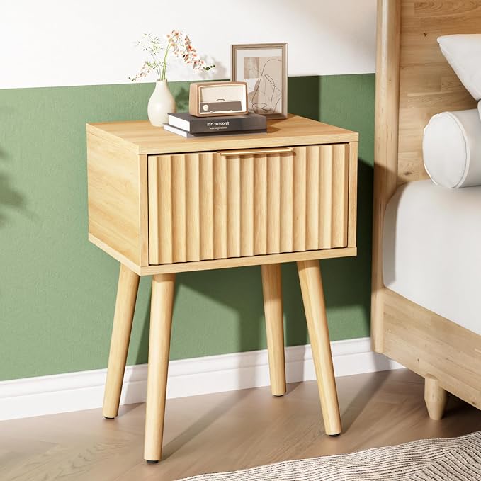 VINGLI Night Stand Set 2, Fluted Nightstands with Drawer, Mid Century Modern Nightstands Set of 2, Bedside Table, End Table, Wood Nightstand for Bedroom, Natural Oak, 15.75" W*11.81" D*21.85" H