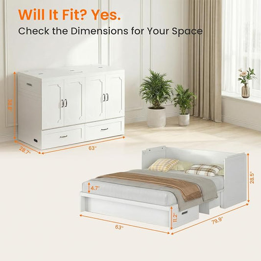 CECER Queen Size Murphy Bed，Murphy Cabinet Bed Queen with Charging Station ＆ Storage Drawer for Small Spaces/Guest Room（White）