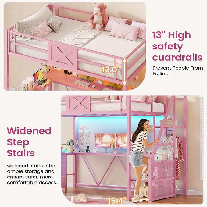 Itaar Stairway Twin Size Loft Bed with L Shaped Desk and Wardrobe, Metal Loft Bed Frame with Stairs, 3 Fabric Drawers, LED Lights & Charging Sation, No Noise & No Box Spring Needed, Pink