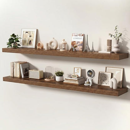 Floating Shelves for Wall, 72 Inch x 8 Inch Deep Wall Mounted Wood Shelf with Invisible Brackets for Storage & Display, Living Room Bedroom Kitchen, Walnut, Set of 2