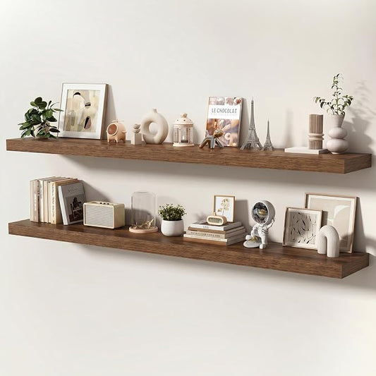 Floating Shelves for Wall, 72 Inch x 8 Inch Deep Wall Mounted Wood Shelf with Invisible Brackets for Storage & Display, Living Room Bedroom Kitchen, Walnut, Set of 2