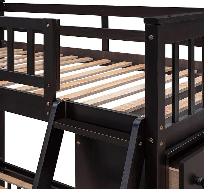 Merax Twin Over Full Bunk Bed with 6 Drawers and 3 Flexible Shelves, Wooden Bunk Bedframe with Storage and Movable Lower Bed, No Box Spring Needed
