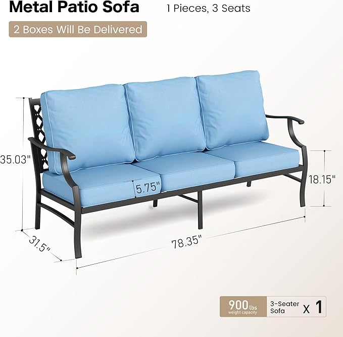 SUNSHINE VALLEY Metal Patio Furniture Sofa with 5.75" Extra Thick Waterproof Cushion, 3-Seater Deep Seating & High-Back Outdoor Couch All Weather Outdoor Seating for Backyard Deck Front Porch, Blue